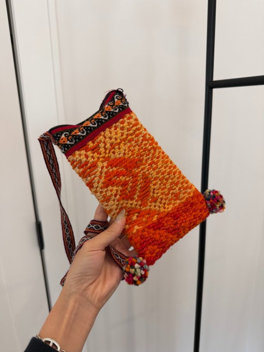 Handwoven Peruvian Crossbody Bag – Orange Wool, Pom-Poms, Woven Strap